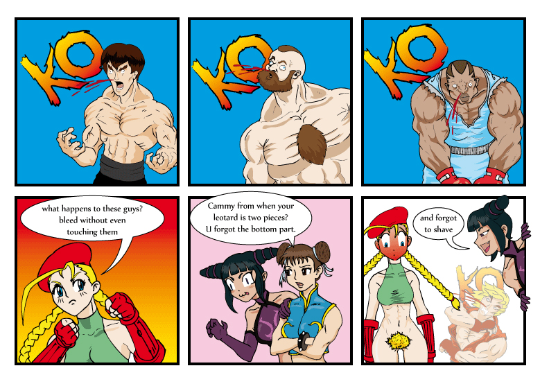 3girls 4boys artist_request balrog bottomless cammy_white capcom chun-li comic fei_long female hairy_pussy human humiliation juri_han k.o. ken_masters male pubic_hair street_fighter tagme zangief