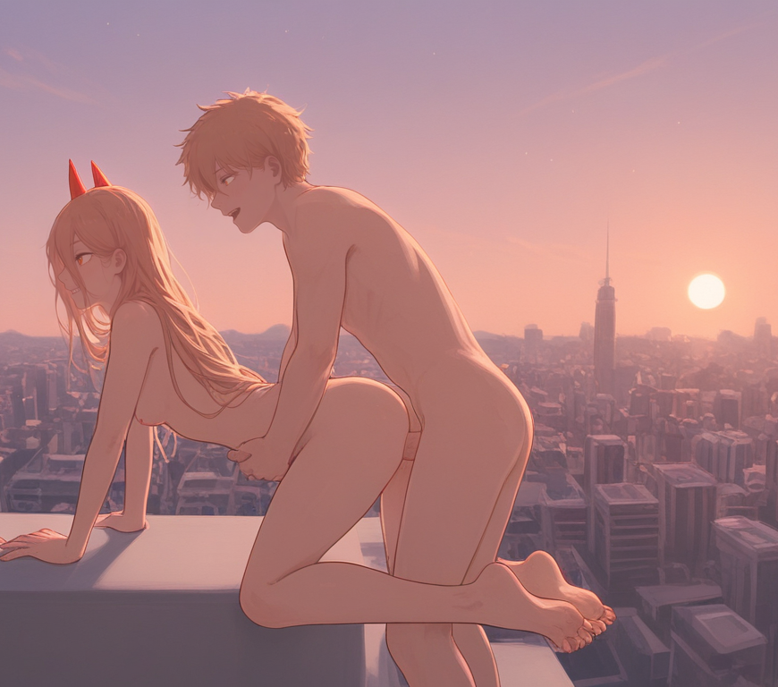 ai_generated balcony bending_over bent_over chainsaw_man city cityscape denji_(chainsaw_man) doggy_style naked nude penetration petite power_(chainsaw_man) sex skinny straight sunset