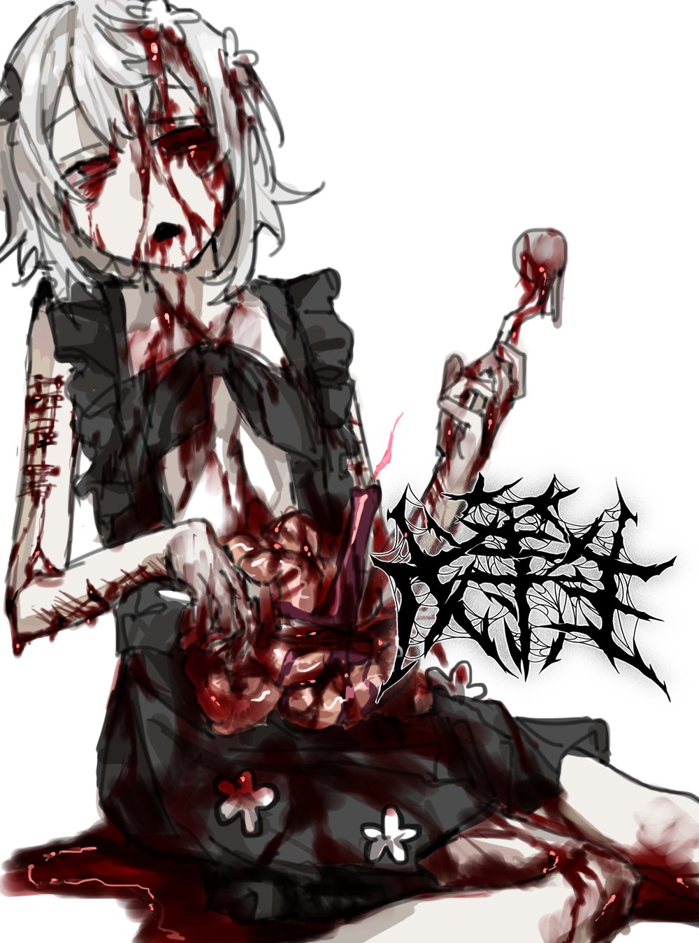 black_dress blood blood_on_arm blood_on_face blood_on_leg dress eyeball female flower fork frilled_shirt frills guro highres holding holding_fork injury intestines missing_eye open_mouth original pale_skin pool_of_blood red_eyes self-harm shirt short_hair solo white_background white_flower white_hair wuwuren