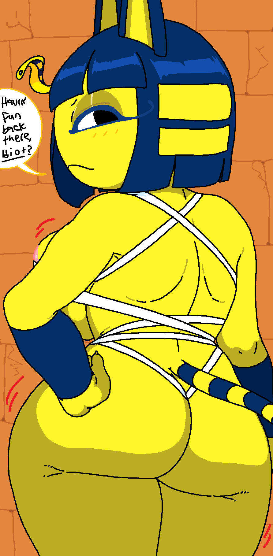 1girls animal_crossing ankha anthro ass big_ass big_breasts blue_hair body_wraps breasts bubble_butt busty cassettedream dialogue dream-cassette fat_ass feline female female_only huge_ass huge_breasts large_ass large_breasts looking_at_viewer looking_back tail talking_to_viewer text thick_ass thick_thighs wide_hips wraps yellow_body