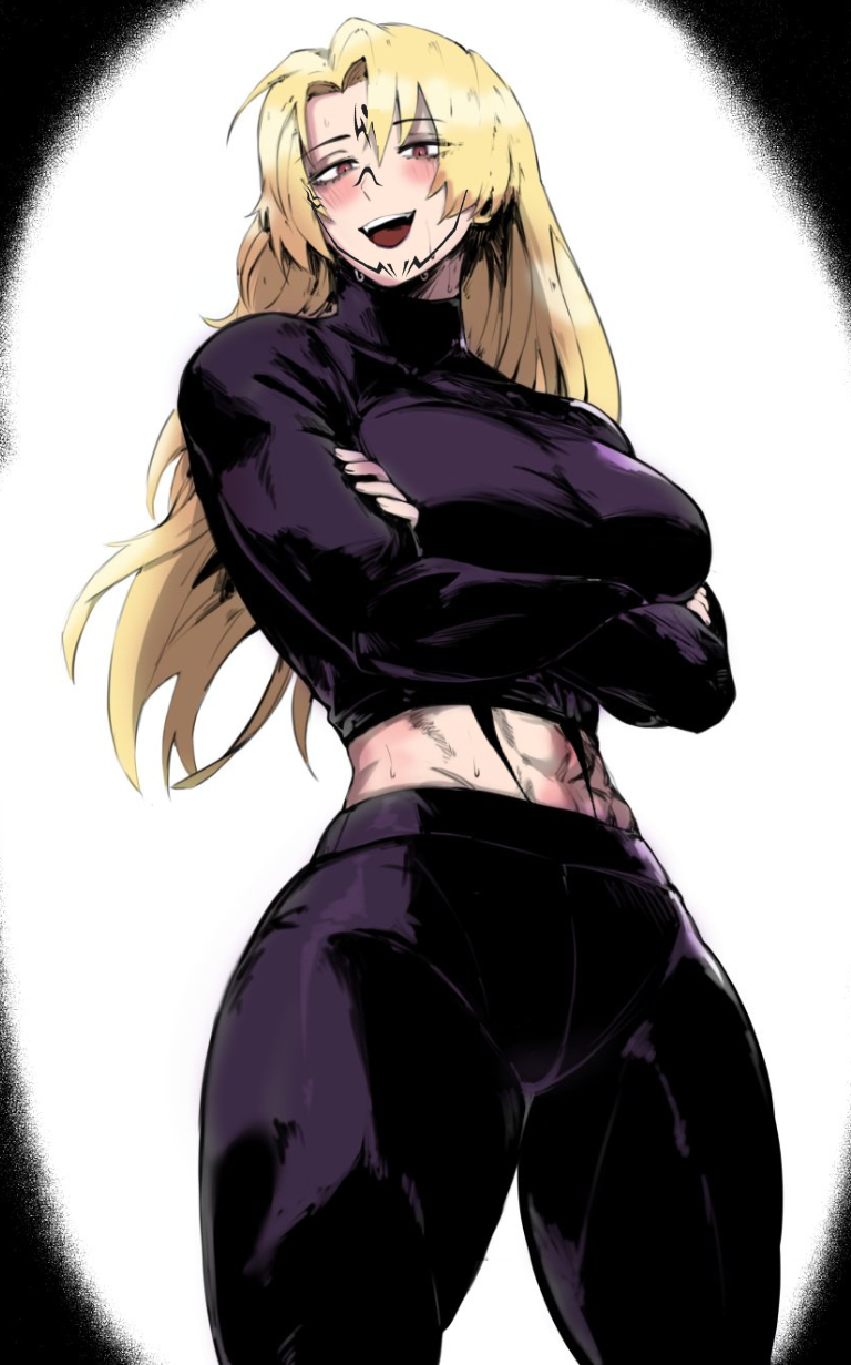 abs blonde_hair masoq095 mind_control mommy muscular_female possession ryoumen_sukuna_(jujutsu_kaisen) solo_female thick_thighs yuki_tsukumo