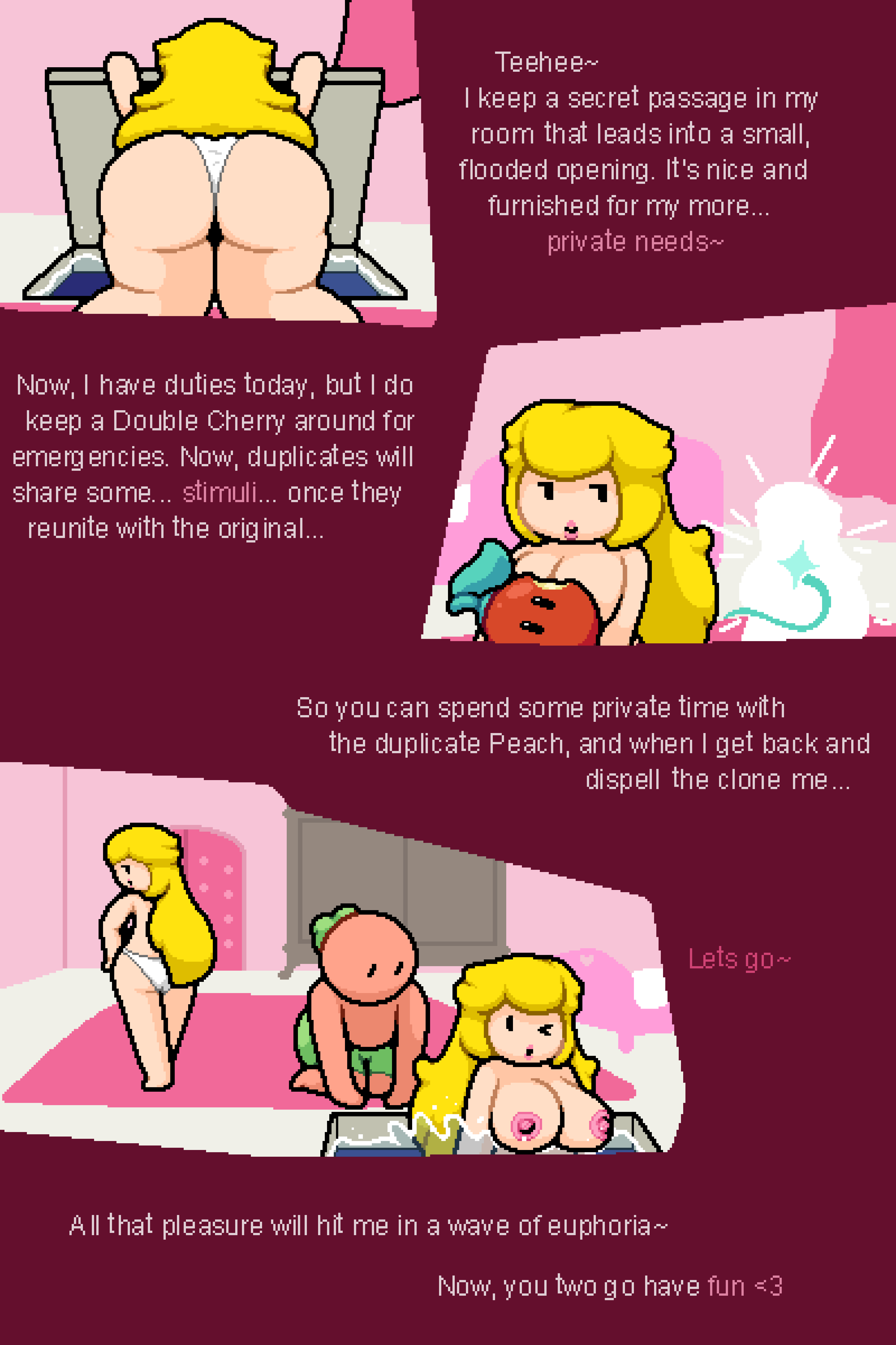 big_ass big_breasts big_thighs clone comic double_cherry happy impending_sex mario_(series) princess_peach super_mario_bros. text tomato_(okami_tomato) topless water white_panties zxtomatofan