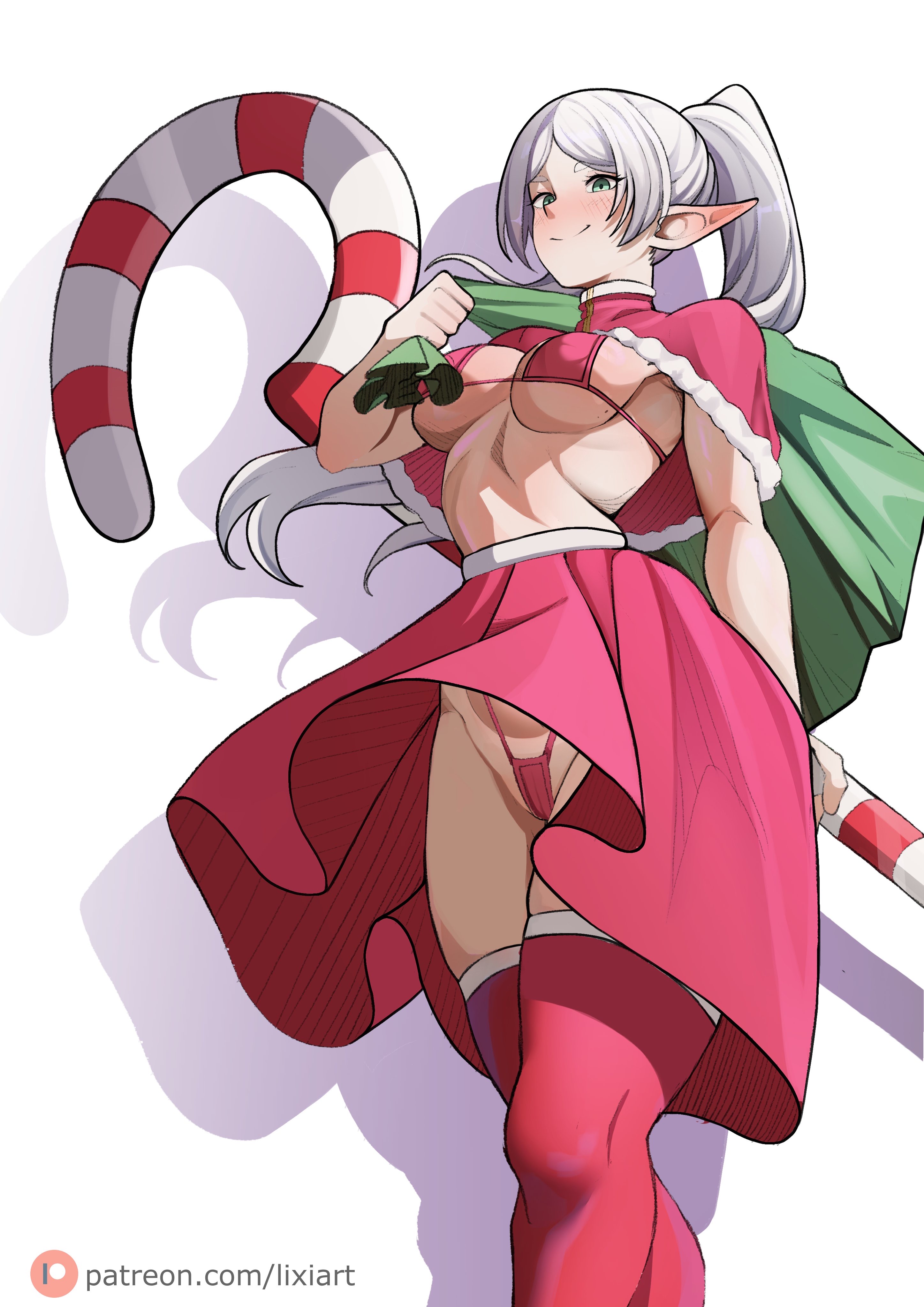 1girls, breasts, christmas, elf, elf ears, elf female, female, female focus, female only, frieren, large breasts, light skin, light-skinned female, lixiart, solo, solo focus, sousou no frieren, thick thighs, thighhighs, thighs, wide hips