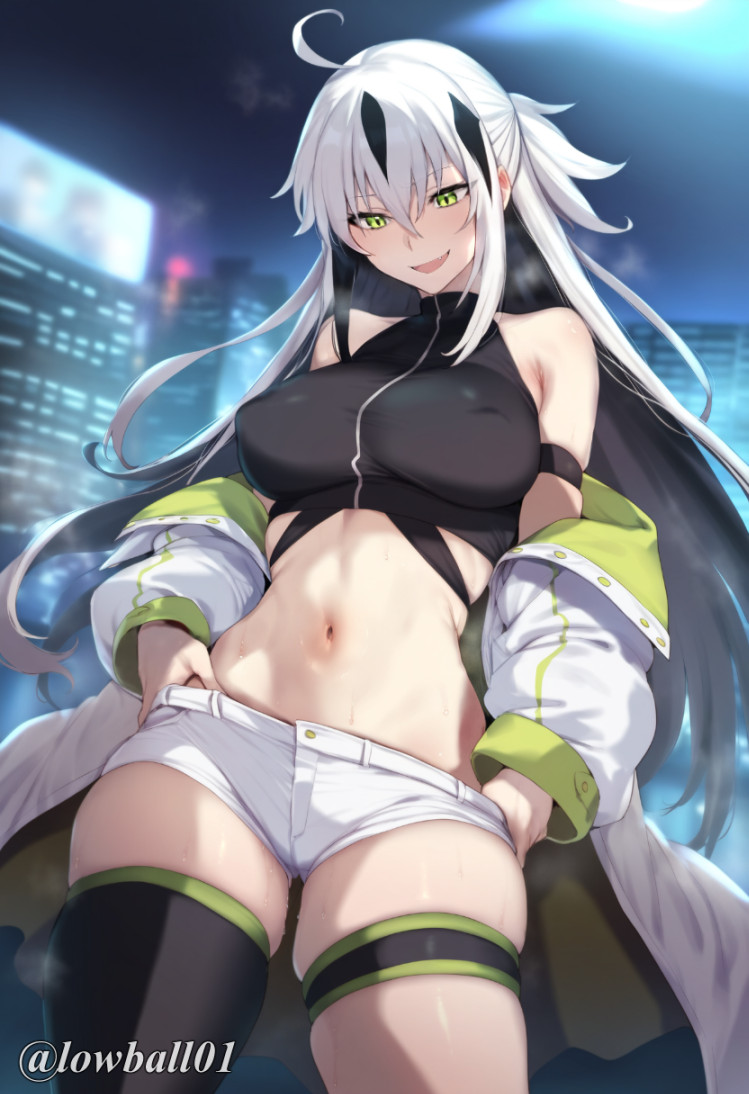 ai_generated bare_shoulders black_hair blush covered_nipples crop_top fate/grand_order fate_(series) green_eyes hand_on_hip long_hair long_sleeves lowball01 midriff nagao_kagetora_(fate) navel nipples shorts smile thigh_highs thigh_strap thighhighs thighs two_tone_hair uesugi_kenshin uesugi_kenshin_(fate) uesugi_kenshin_(second_ascension)_(fate) white_coat white_hair