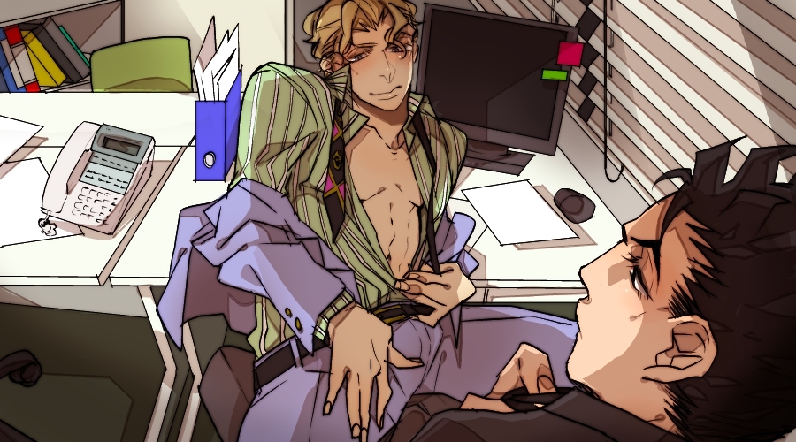 at_work diamond_is_unbreakable femboy foreplay gay gay_sex imminent_sex in_the_office jojo's_bizarre_adventure kosaku_kawajiri male male/male male_focus male_only no_visible_genitalia office_clothing office_setting office_sex seductive_look seductive_smile shounen_jump spread_legs spreading_legs straddling straddling_lap submissive_male twink yaoi yoshikage_kira yu_kakari