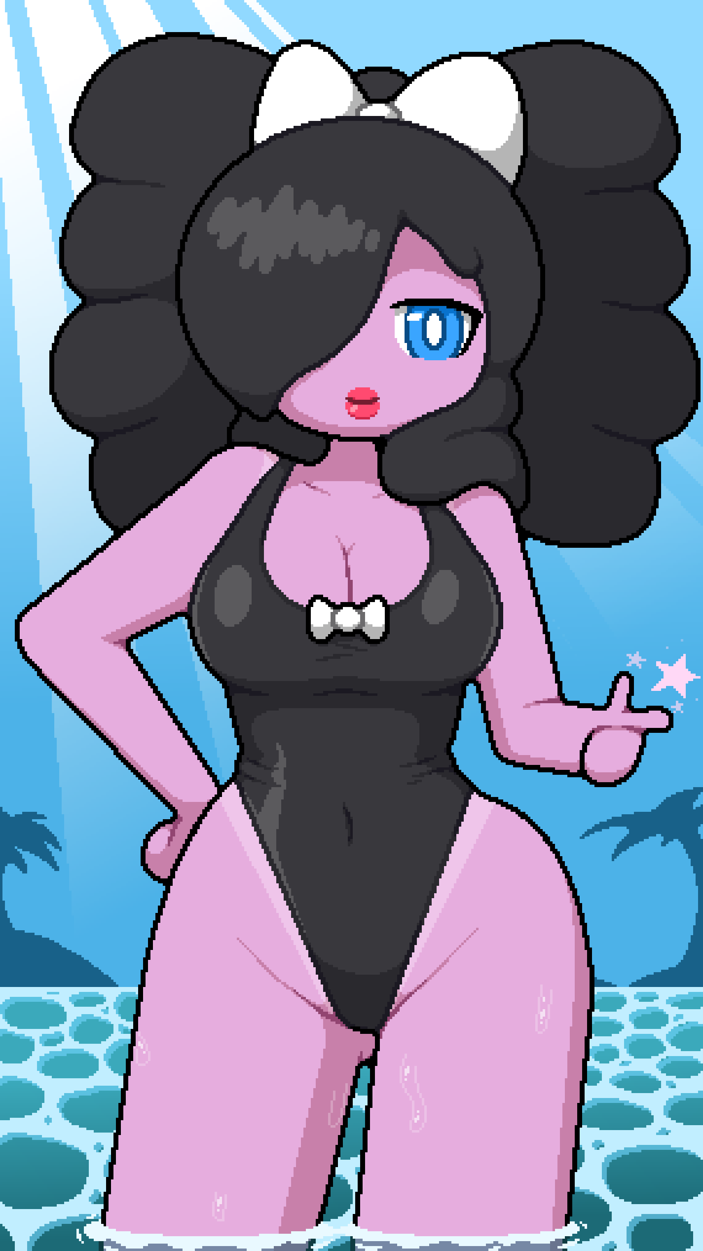 big_breasts big_thighs black_hair black_swimsuit gothitelle iris_(okami_tomato) ocean okami_tomato pokemon pokemon_(species) swimsuit tanline water