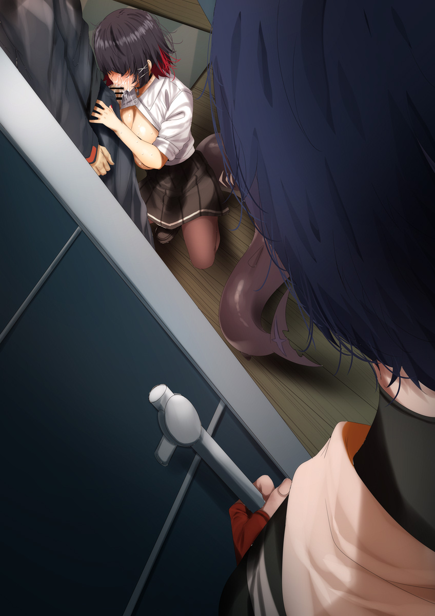 1boy 2girls bar_censor belle_(zenless_zone_zero) black_hair black_skirt blue_hair blush breasts brown_pantyhose caught caught_in_the_act censored colored_inner_hair door ellen_joe erection fellatio fins fish_tail fumihiko_(fu_mihi_ko) handjob highres large_breasts multicolored_hair multiple_girls oral pantyhose penis pink_hair shark_girl shark_tail shirt short_hair short_sleeves skirt straight tail white_shirt wise_(zenless_zone_zero) zenless_zone_zero