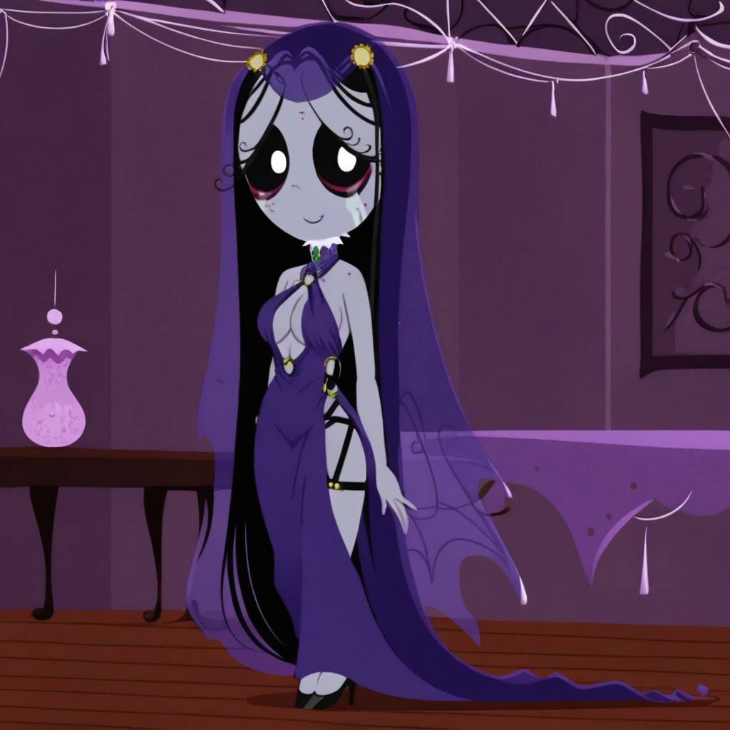 big_breasts clothed clothed_female dress goth long_hair misery_(ruby_gloom) modakawa_dress purple_skin ruby_gloom_(franchise) sad sexy_clothing tears very_long_hair