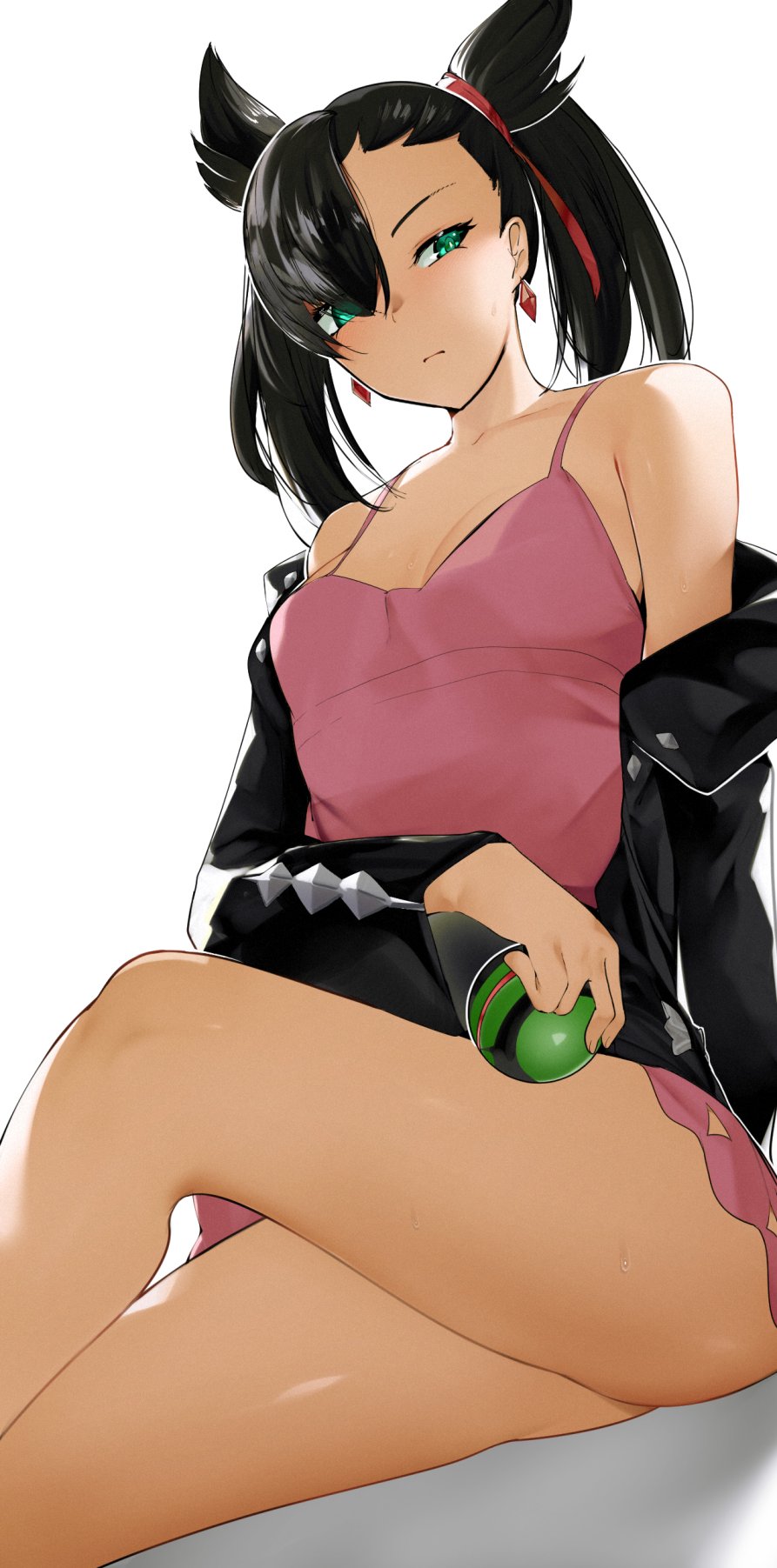 1girls asymmetrical_bangs bare_shoulders black_hair black_jacket breasts closed_mouth creatures_(company) dress dusk_ball earrings female game_freak green_eyes hair_ribbon highres holding holding_poke_ball jacket jewelry leather leather_jacket legs long_sleeves looking_at_viewer marnie_(pokemon) nintendo off_shoulder open_clothes pink_dress poke_ball pokemon pokemon_swsh red_ribbon ribbon sitting small_breasts solo twintails white_background yuuyuu_(yuuki1771)