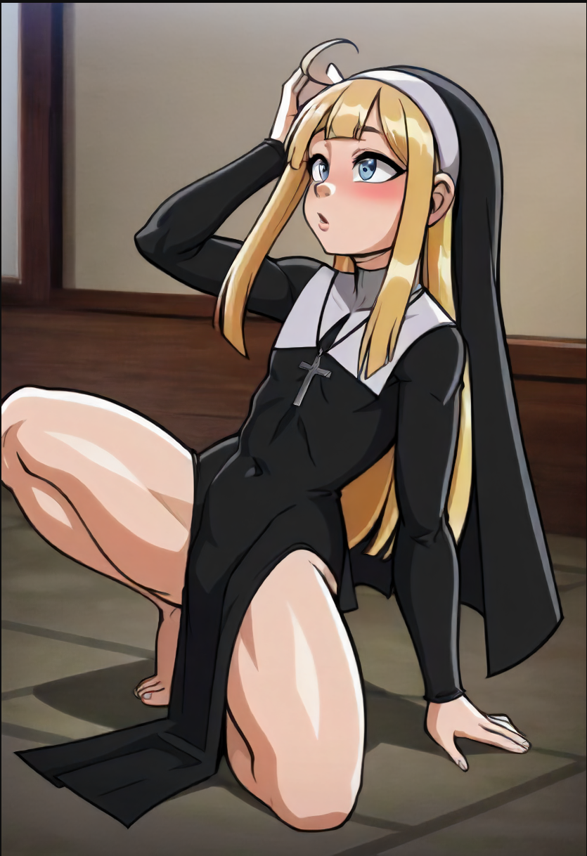 ai_generated andava_(style) cross_necklace dussktildawn nun nun's_habit nun_hat nun_outfit thick_thighs