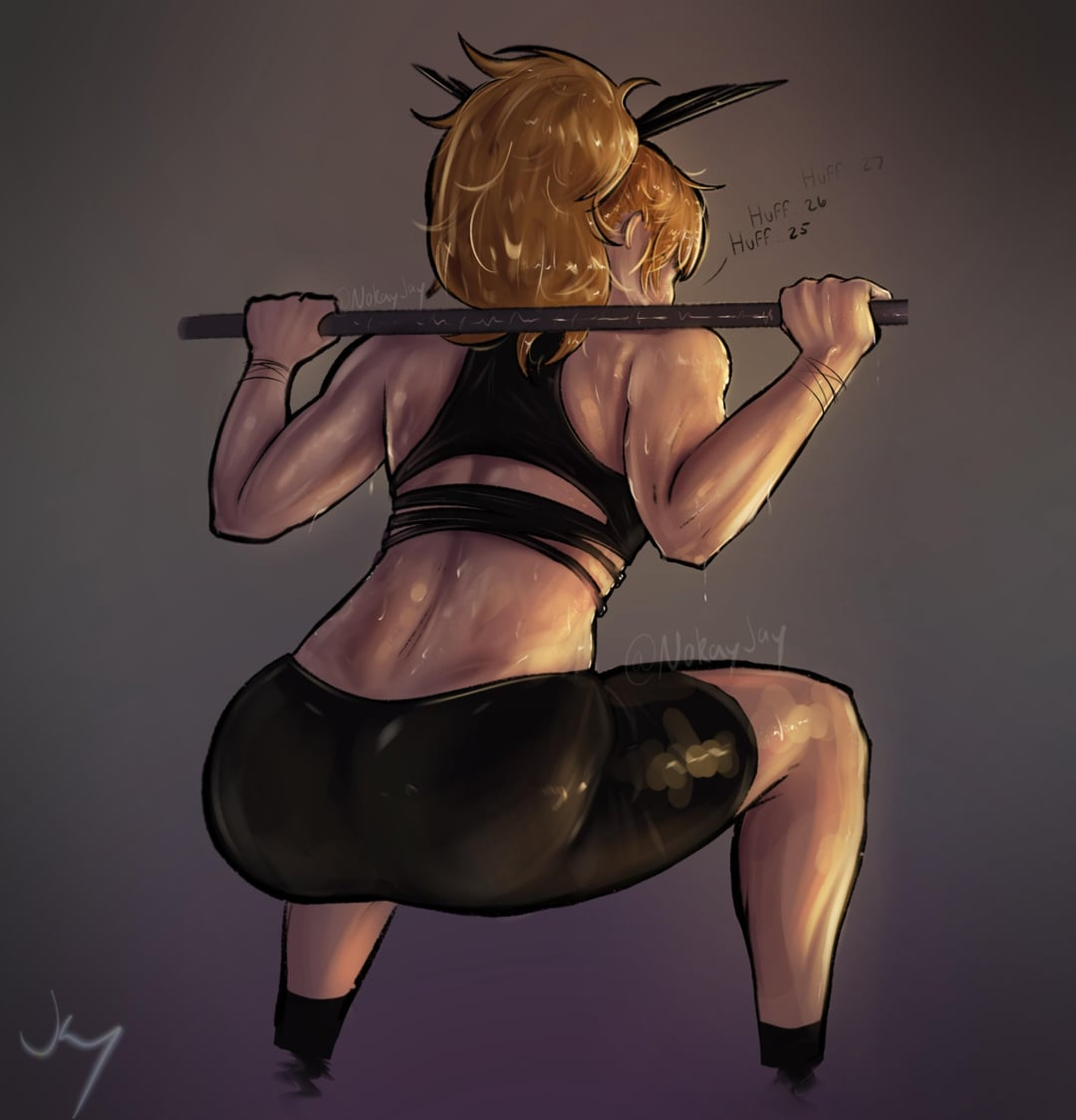 1girls, 2d, 2d (artwork), ass, ass focus, athletic, athletic female, back view, barbell squats, biceps, black shorts, black tank top, blonde female, blonde hair, digital media (artwork), female, female focus, female only, huff, huffing, magik (illyana rasputin), magik (marvel rivals), marvel, marvel comics, marvel rivals, muscles, muscular, muscular female, nokayjay, sfw, shorts, squats, squatting, squatting position, sweat, sweatdrop, sweaty body, tank top, text, tight clothing, weightlifting, workout, workout clothes