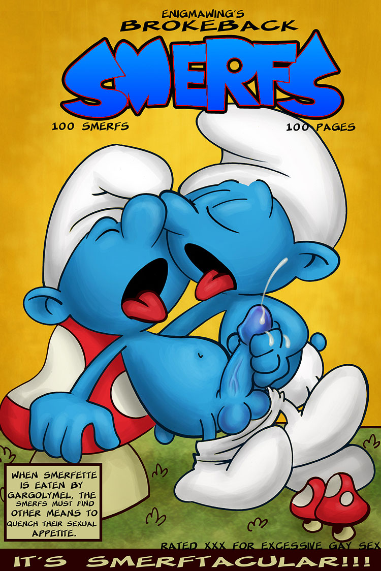 2boys balls blue_skin cap closed_eyes ejaculation enigmawing erection gay handjob holding_penis large_penis masturbation mushrooms pants_down tagme tail the_smurfs tongue_kiss topless veiny_penis yaoi