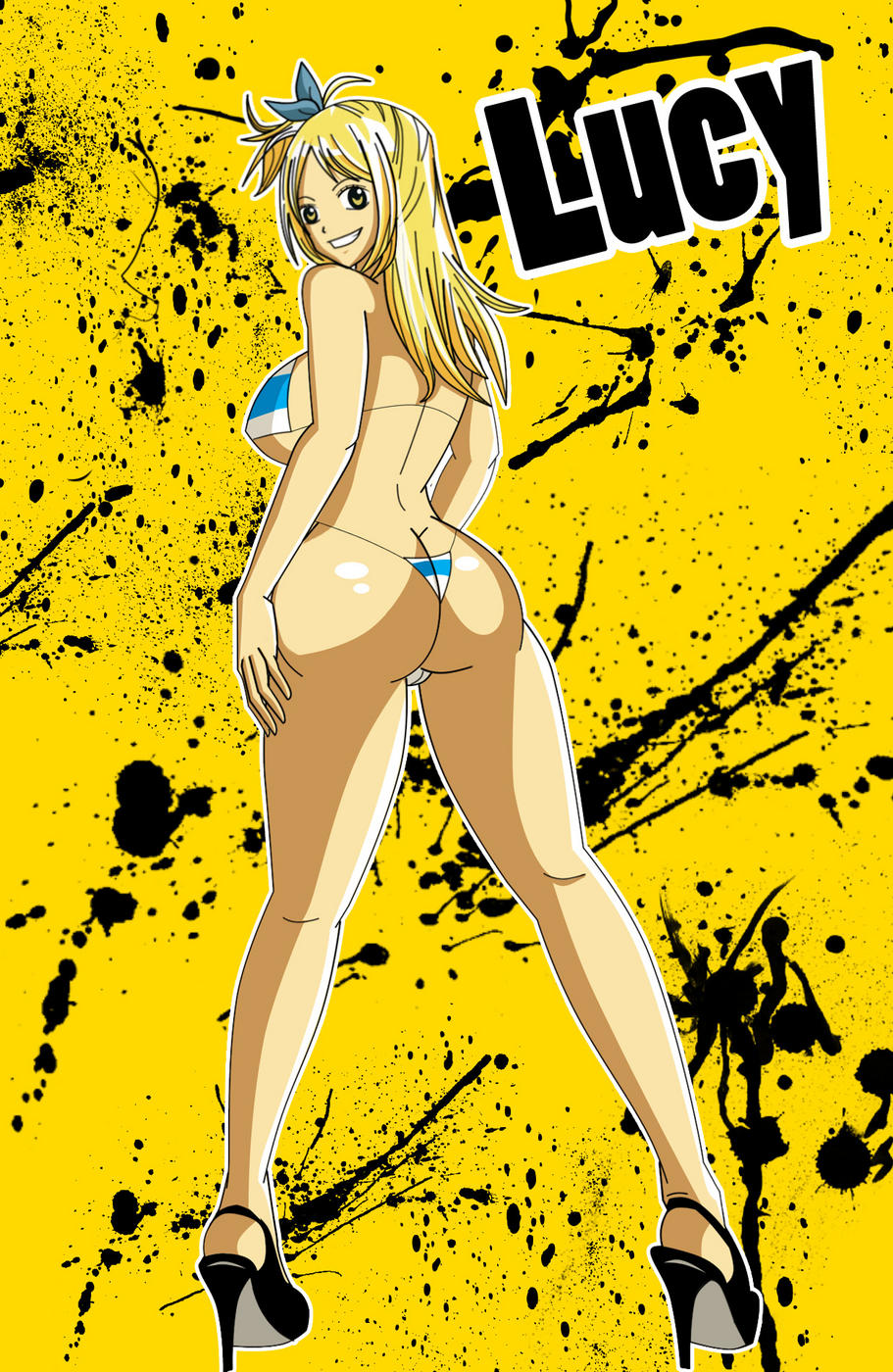 1girls, ass, big ass, bikini, blonde hair, breasts, brown eyes, fairy tail, female, female only, grimphantom, heels, high heels, highres, human, long hair, looking back, lucy heartfilia, shoes, smile, solo, swimsuit, yellow eyes