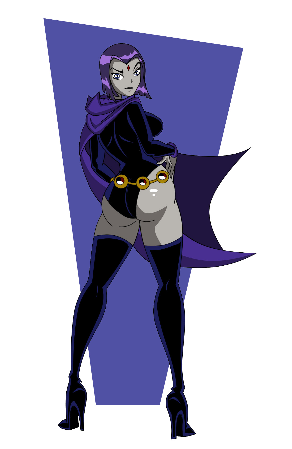 1girls, ass, bob cut, boots, breasts, bubble ass, bubble butt, cartoon network, dc, dc comics, female, forehead jewel, goth, grey skin, grimphantom, high heel boots, hourglass figure, leotard, medium breasts, purple eyes, purple hair, rachel roth, raven (dc), straight hair, teen titans, thigh boots, toonami, white background