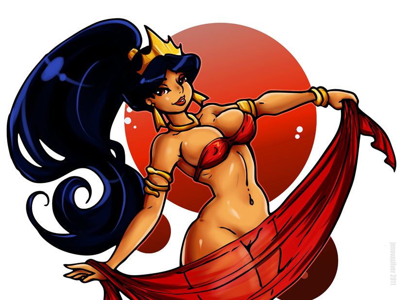 2011 aladdin arabian_clothes armlet black_hair bottomless bracelet breasts brown_eyes cleavage dark-skinned_female dark_skin disney disney_princess evil_queen_jasmine female female_only harem_outfit high_ponytail human jenovasilver long_hair navel necklace parted_lips ponytail princess_jasmine pussy sash solo standing tiara tied_hair tubetop