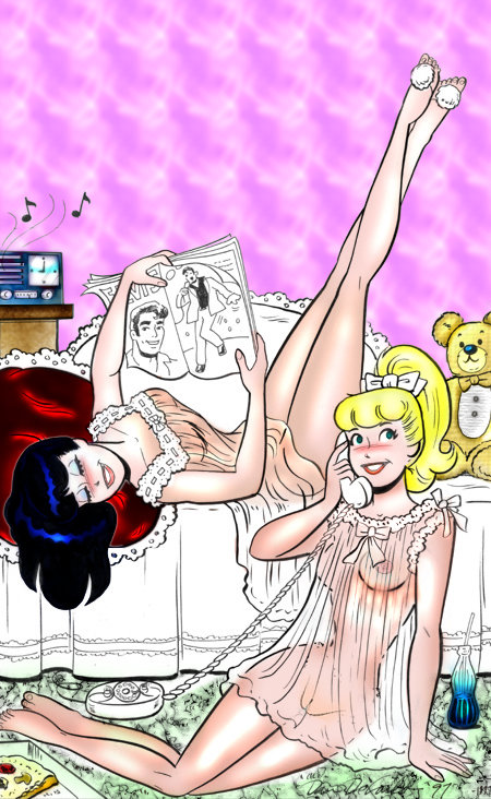 2girls archie_comics areola betty_and_veronica betty_cooper blonde_hair blue_eyes breasts elvis_presley female human multiple_females multiple_girls nightgown nipples omnisentinel pizza see-through sheer sleepover teddy_bear veronica_lodge