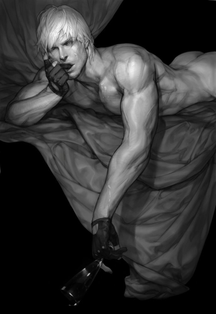 1boy beard_stubble dante devil_may_cry facial_hair fingerless_gloves food gloves greyscale ice_cream lying male male_only monochrome muscles on_front rae realistic short_hair solo sundae white_hair