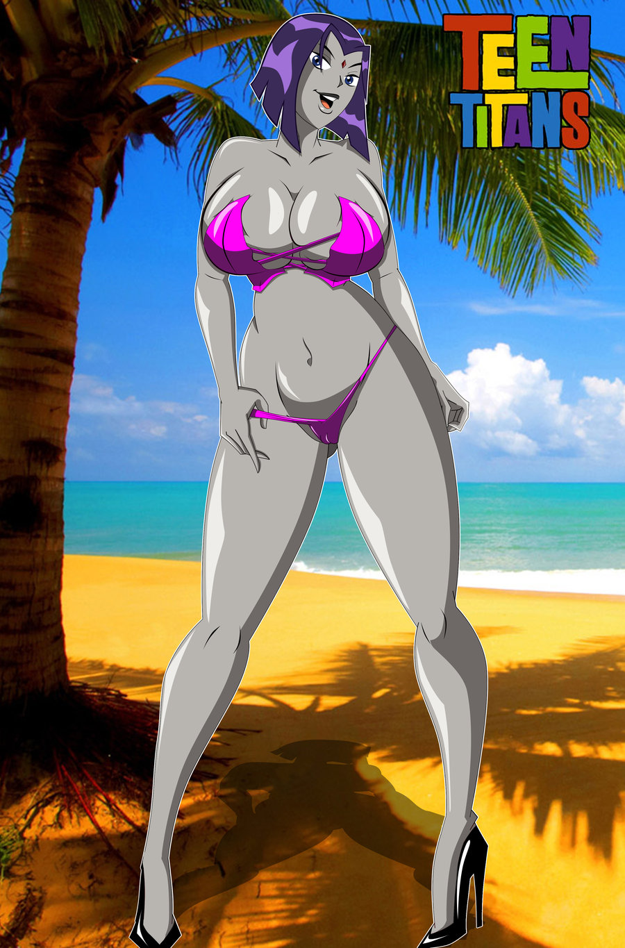 1girls, beach, bikini, bob cut, breasts, busty, cartoon network, cleavage, dc, dc comics, female, grimphantom, high heels, hourglass figure, navel, rachel roth, raven (dc), teen titans, toonami, voluptuous