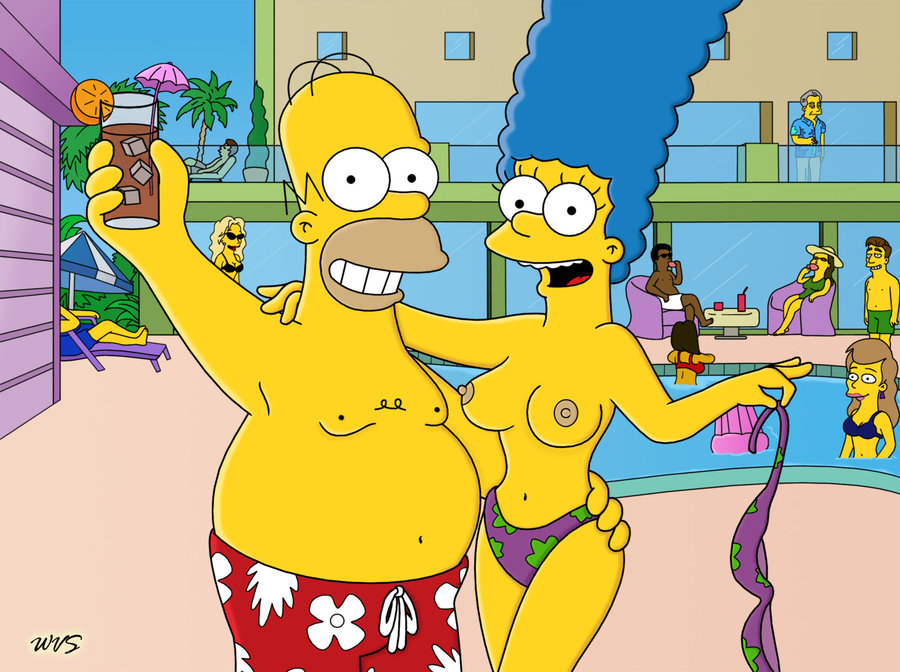 bald bikini black_hair blonde_hair blue_hair breasts brown_hair brown_skin closed_mouth clothing color covered_breasts cup curly_hair drinking ears exposed_breasts eyes female hair homer_simpson human long_hair looking_at_viewer lying male marge_simpson mouth multiple_females multiple_males nipples on_back open_eyes open_mouth outdoors pool round_ears short_hair shorts sitting skin smile standing swimming_pool the_simpsons topless tree umbrella water wvs yellow_skin