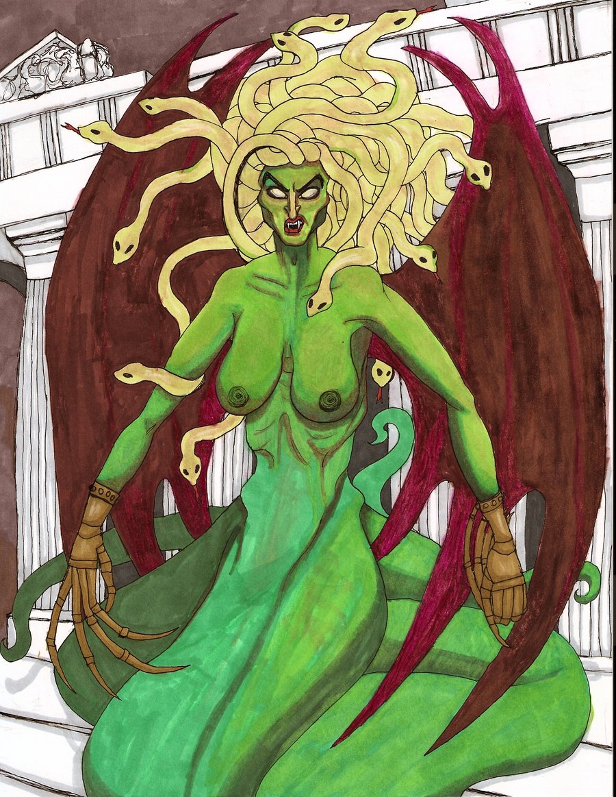 angry areola armpit bat_wings breasts fangs female gauntlets gorgon greek_mythology lips monster_girl mythology nipples perky_breasts serpent snake stheno tail very_long_hair white_eyes wings yellow_skin
