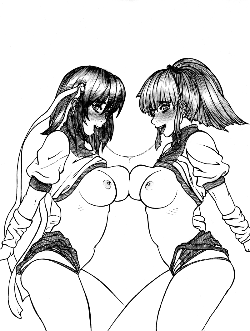 2girls 80s after_kiss blush breast_press breasts curvaceous female gainax greyscale gunbuster headband highres human jung_freud large_breasts looking_at_viewer monochrome multiple_girls nipples noriko_takaya saliva saliva_string saliva_trail shirt shirt_lift short_hair tagme tammaro yuri