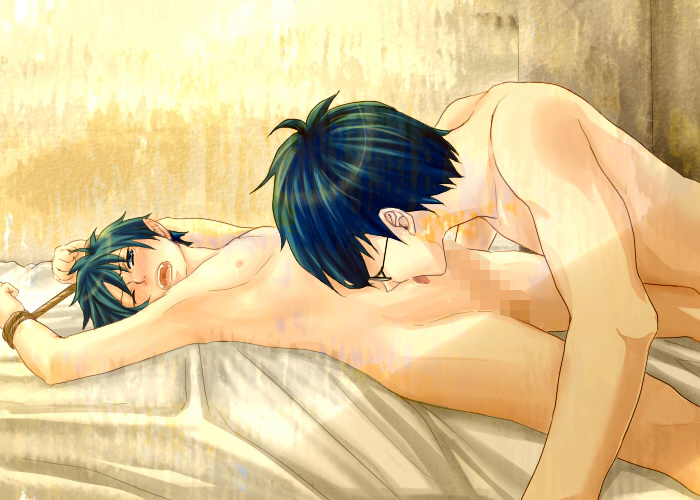 2boys ao_no_exorcist arms_up artist_request bed black_hair blush bondage brothers censored gay glasses incest indoors kicking male male_only moaning multiple_boys multiple_males nude okumura_rin okumura_yukio on_bed one_eye_closed open_mouth restrained short_hair tongue tongue_out twincest twins wince yaoi