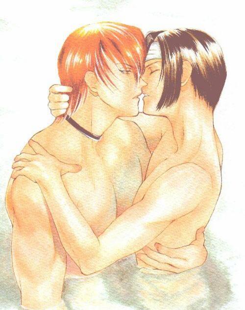 2boys black_hair black_hair_bottom brown_hair closed_eyes domination gay headband hugging iori_yagami king_of_fighters kissing kyo_kusanagi light_hair_on_dark_hair male/male male_focus male_only red_hair red_hair_on_black_hair red_hair_top tagme water yaoi