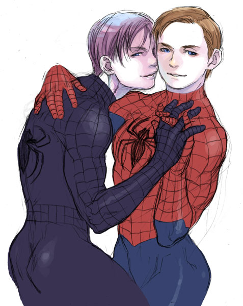 2boys arm_over_shoulder blue_eyes brown_hair clothed clothed_male facing_eachother gay holding_hands human human_only male_only marvel peter_parker silver_hair spider-man spider-man_(series) straight_hair thick_ass thick_thighs tight_clothing tobey_maguire white_background yaoi