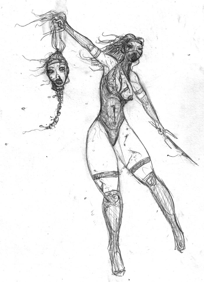 breasts clothing death fatality female female_death female_only front_view gore greyscale head human injury interspecies mileena monochrome mortal_kombat multiple_females severed_head sketch sonya_blade white_background wound