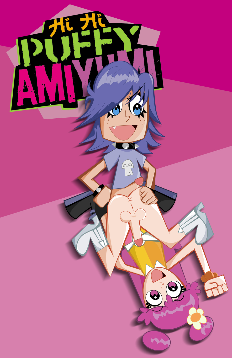 ami_onuki cartoon_network exclamation(artist) footwear futanari hi_hi_puffy_amiyumi human intersex neckwear pale_skin pink_background purple_background spiked_bracelet spiked_collar tagme wristwear yumi_yoshimura