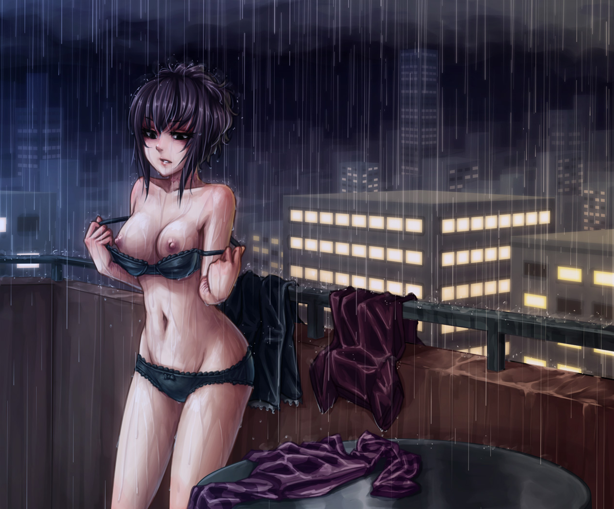 1girls, 2013, bare shoulders, big breasts, black eyes, black lagoon, bra, breasts, city, erect nipples, female, female only, frederica sawyer, human, human only, monorus, navel, night, nipples, no sex, outdoors, panties, purple hair, rain, rooftop, short hair, solo, solo female, undressing, wet