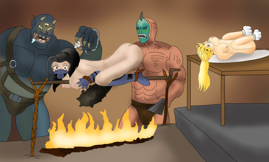 2boys 2girls alternate_version_available black_eyes black_hair blonde_hair blue_skin breasts color colored drahmin female kitana kitana_(mk:deadly_alliance) long_hair male mana_goblin moloch mortal_kombat mortal_kombat_deadly_alliance sonya_blade uncensored vore