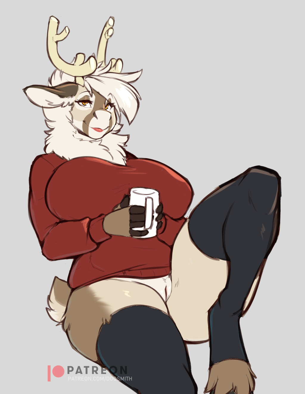 2020 amber_eyes anthro antlers big_breasts bottomless breasts capreoline cervid chest_tuft clothed clothing cup curvy_figure eyelashes faizenek female genitals grey_background hair hi_res holding_cup holding_object hooves horn inu-sama legwear lipstick looking_at_viewer makeup mammal one_leg_up pussy raised_leg red_clothing red_sweater red_topwear reindeer simple_background sitting smile solo stockings sweater the_dogsmith thick_thighs thigh_highs topwear tuft vixen_(reindeer) voluptuous white_hair