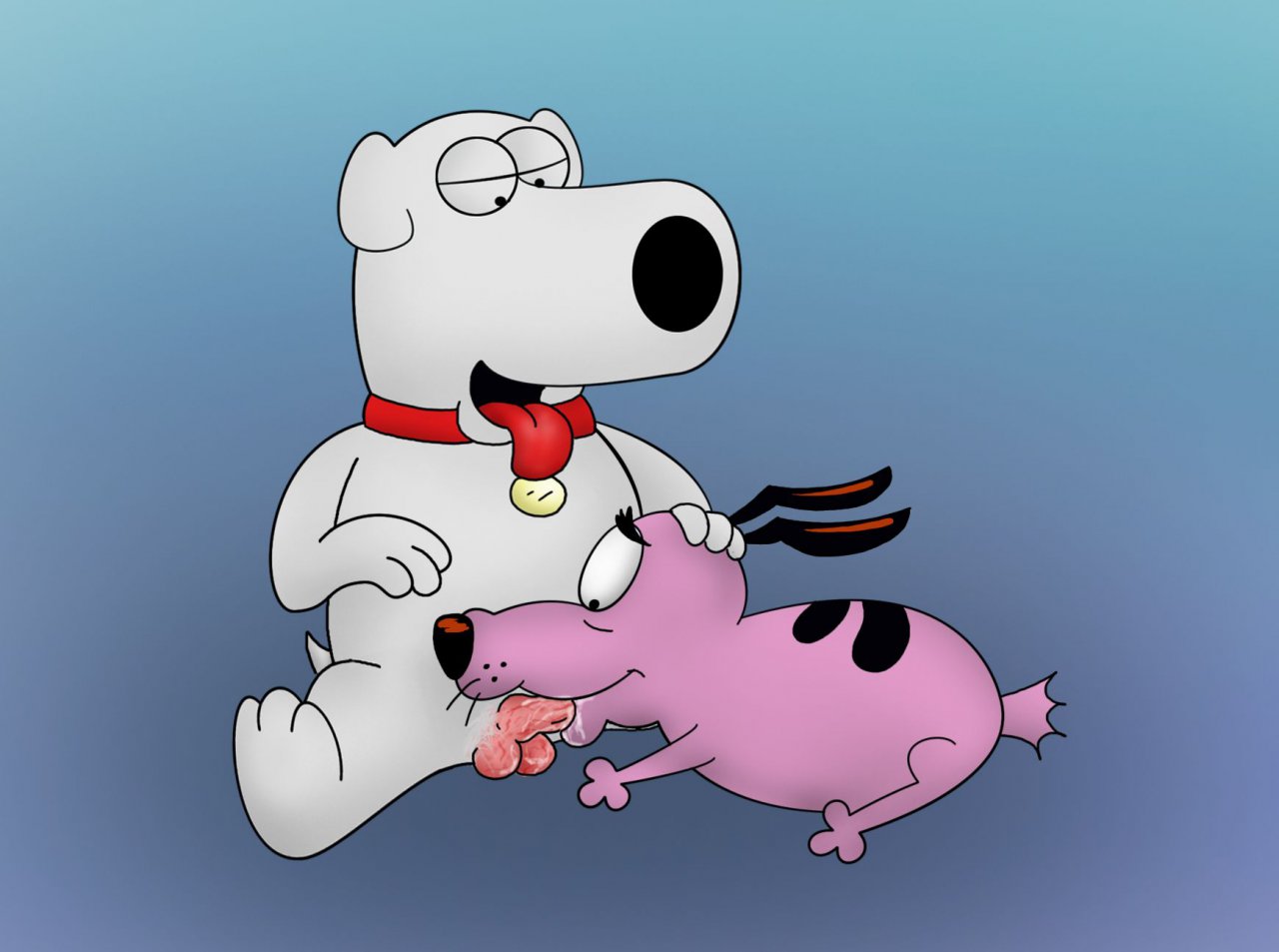 2boys balls brian_griffin canine cartoon_network courage courage_the_cowardly_dog crossover family_guy fellatio gay johnofe male male_only nude nudity oral yaoi