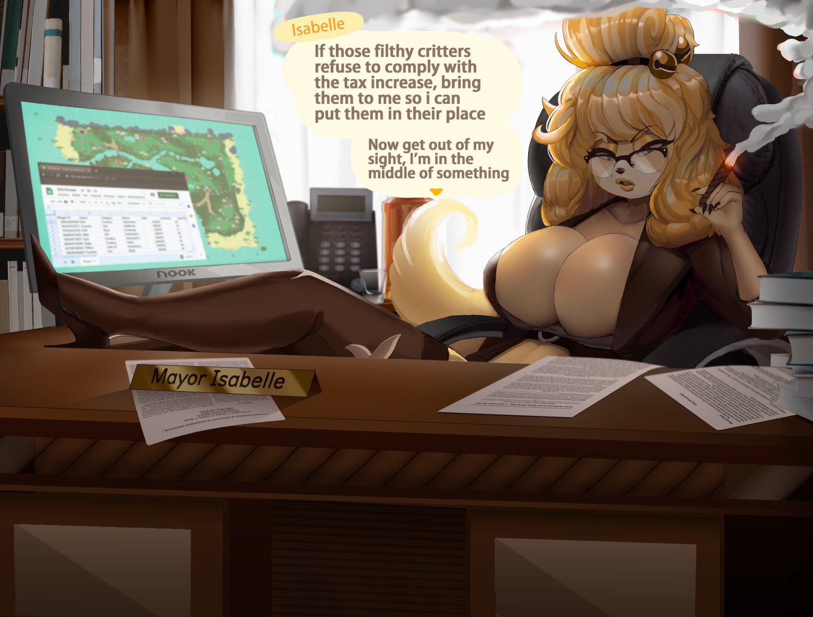 =text, 1girls, 2020, animal crossing, animal crossing new horizons, anthro, bells, big breasts, blonde hair, breasts, cigar, cleavage, computer, computer monitor, dialogue, english, english text, feet up, female, female only, foot on desk, foot up, furry, game ui, glasses, hidden sex, huge breasts, isabelle (animal crossing), large breasts, naughty face, nintendo, no bra, picturd, seductive, smoke, smoking, smoking cigar, speech bubble, spread legs, thick thighs, thighhighs, under desk, under the table, unseen character