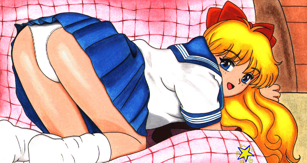 1girls ass big_ass big_butt bishoujo_senshi_sailor_moon blonde_hair blue_eyes bow butt clothing female female_only james_bender minako_aino on_all_fours panties presenting presenting_hindquarters school_uniform seifuku skirt smiling solo teenager upskirt white_panties