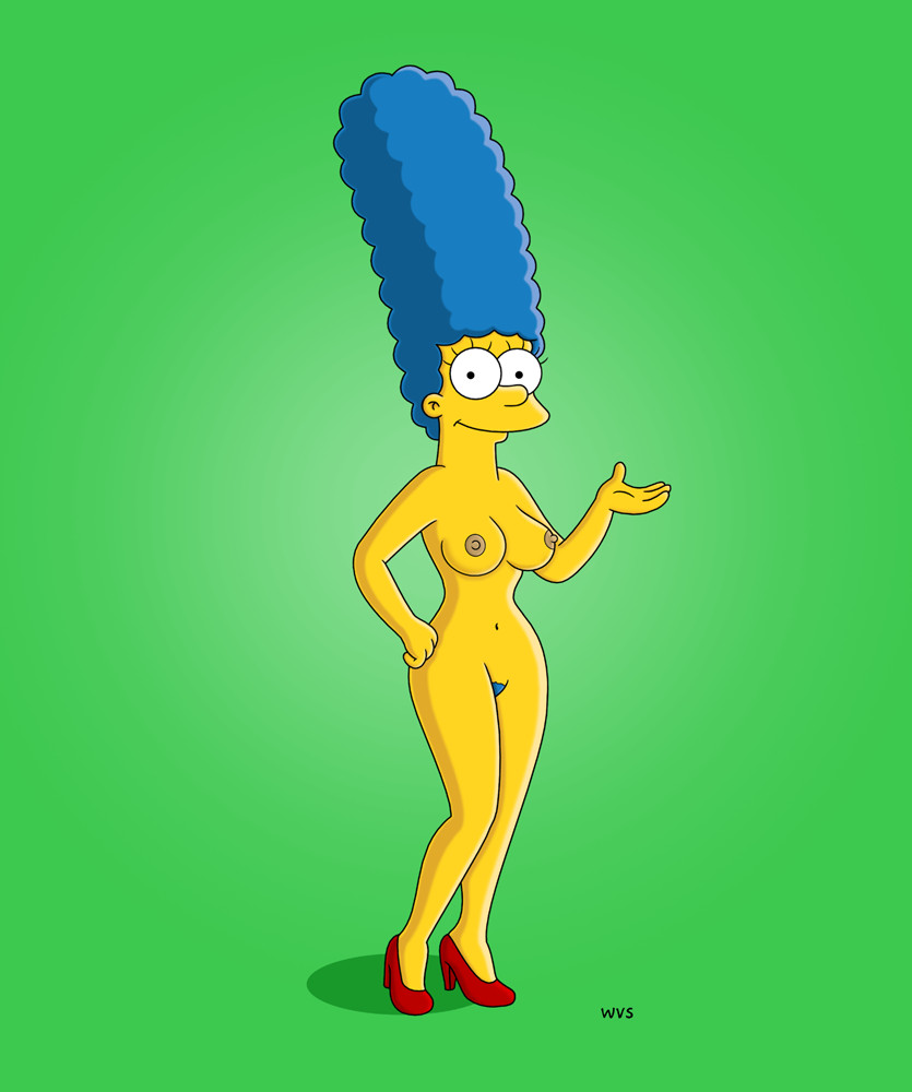 blue_hair breasts closed_mouth color curly_hair ears exposed_breasts eyes female female_only front_view green_background hair high_heels human long_hair looking_at_viewer marge_simpson mouth nipples open_eyes pubic_hair round_ears shoes skin solo the_simpsons wvs yellow_skin