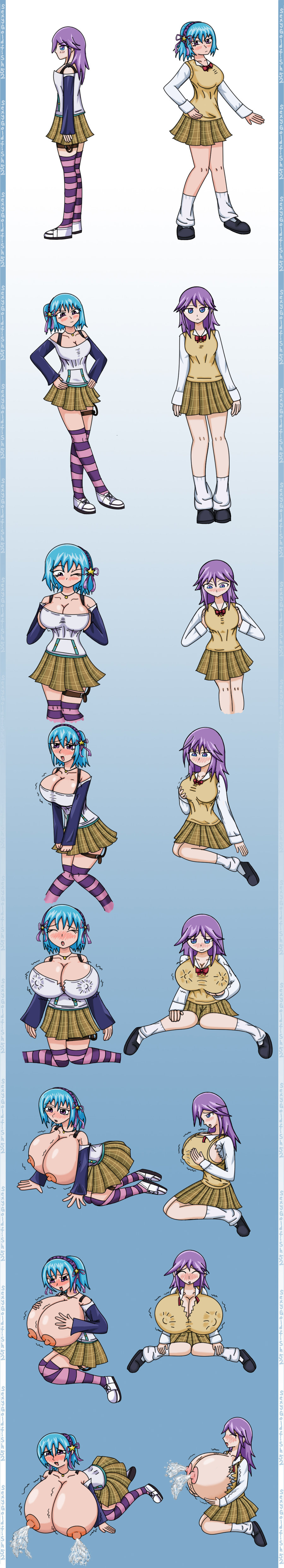 2girls big_breasts blue_eyes blue_hair blush breast_expansion breasts clothes_swap clothing_swap demon_girl female female_only gigantic_breasts hair_ornament hair_ribbon hand_drawn kurono_kurumu lactation large_breasts loose_socks multiple_girls nipples purple_eyes purple_hair rosario+vampire school_uniform schoolgirl sexygoldfish52 shirayuki_mizore socks succubus torn_clothes white_socks