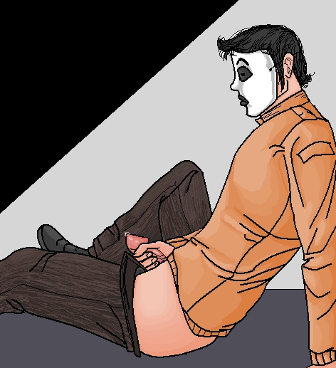 1boy artist_request black_jeans black_pants creepypasta human human_only male male_focus male_only marble_hornets mask masky masturbation orange_shirt pants_down precum solo tagme tim_wright uncensored