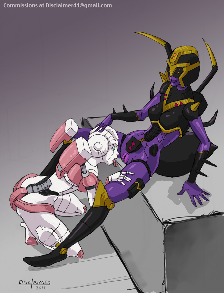 2girls 4_eyes arcee arcee_(g1) autobot blackarachnia blue_eyes cybertronian disclaimer female helmet licking licking_pussy multi_eye multiple_girls no_panties purple_skin red_eyes transformers transformers_animated transformers_g1 white_skin yuri