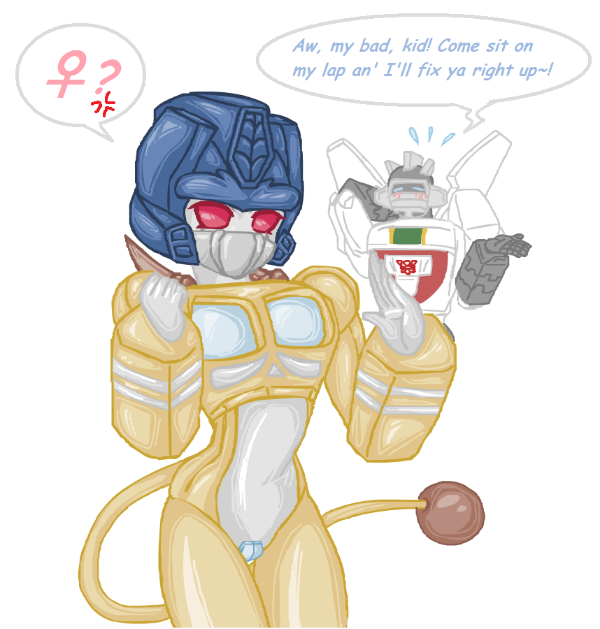 beast_wars beast_wars_ii color dialog english_text female lio_junior male robot rule_63 speech_bubble standing tail text transformers wheeljack white_background