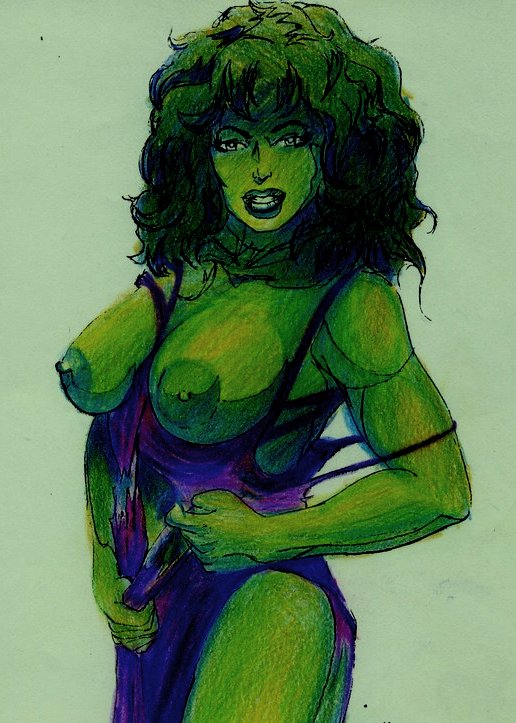 1girls avengers becdecorbin big_breasts breasts color drawn dress female female_only green_hair green_skin hulk_(series) large_areolae marvel marvel_comics muscular muscular_female nipples ripping_clothes ripping_dress she-hulk solo