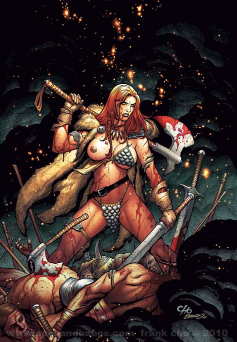 1girls 2010 armor axe battle_axe bikini_armor blood brandon_peterson chainmail chainmail_bikini comic_cover female female_focus frank_cho loincloth red_sonja red_sonja_(comics) solo_focus tagme third-party_edit watermark