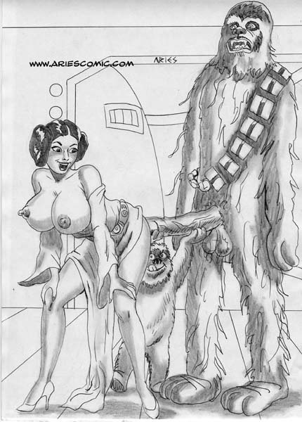 a_new_hope aries_(artist) black_and_white chewbacca ewok interspecies princess_leia_organa sex star_wars uncensored wookiee