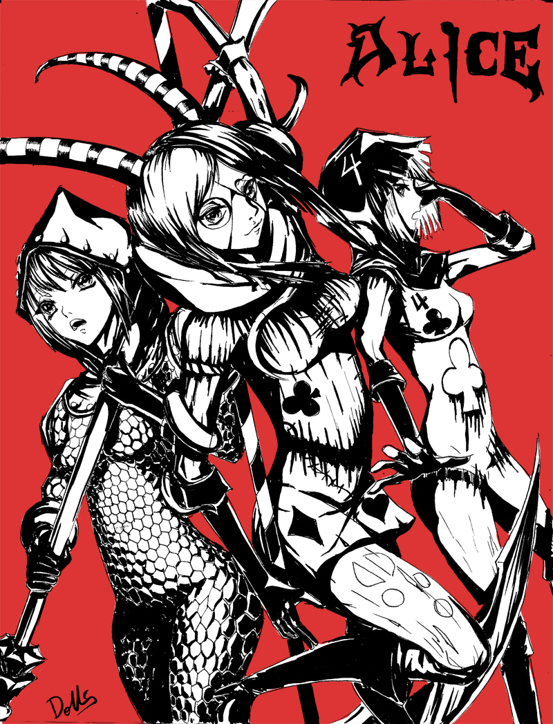 alice_in_wonderland alice_madness_returns american_mcgee's_alice armor armored_card_guard card_guard clothes eyewear female female_only glasses hair holding multiple_females open_eyes red_background rule_63 the_executioner