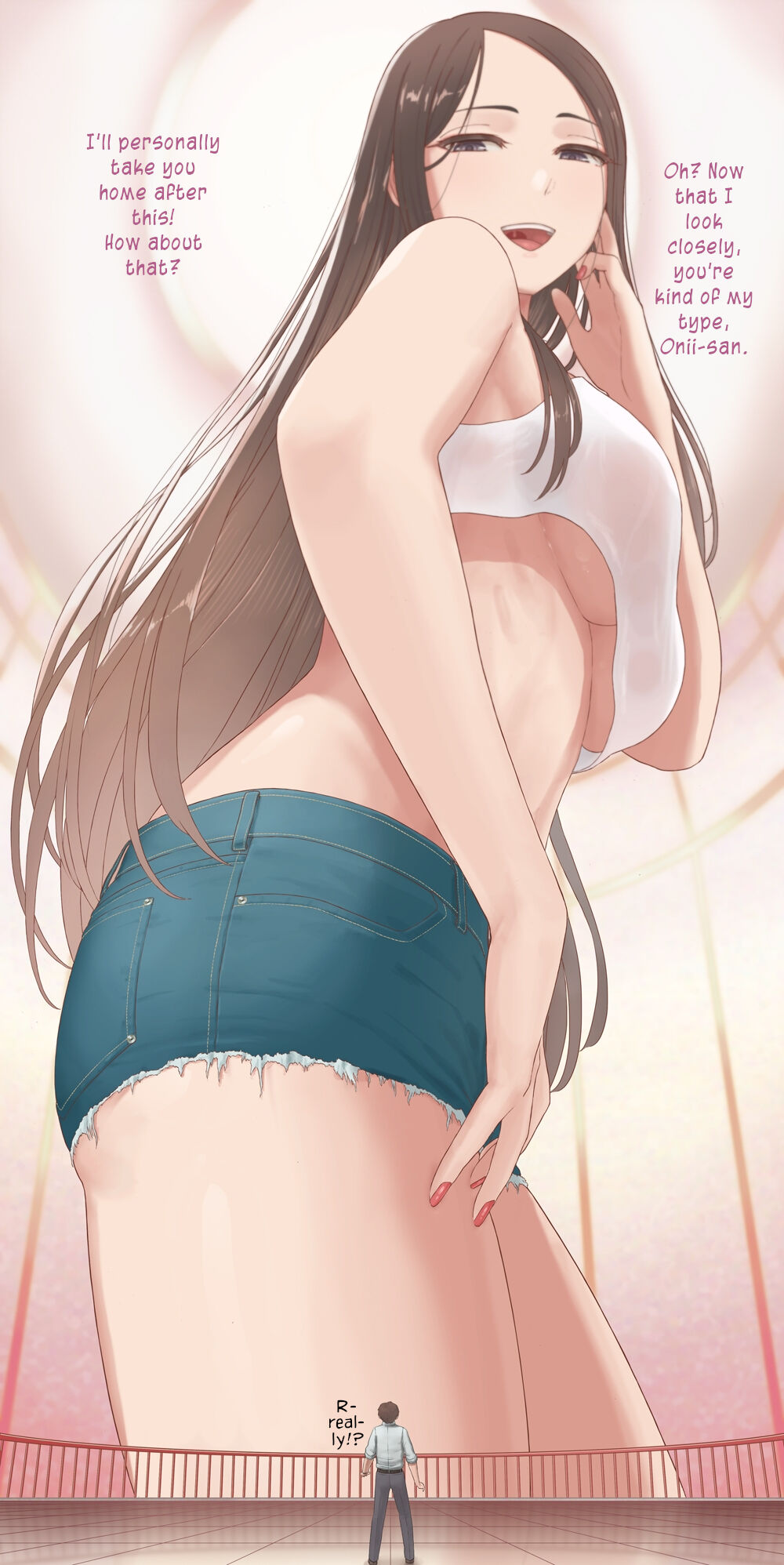 1boy, 1girls, 200m perverted onee-san, booty shorts, breasts, brown hair, color, exposed stomach, female, giantess, large breasts, larger female, long hair, looking down, looking over shoulder, low-angle view, macro, male, micro, mizuno (artist), original character, painted nails, purple eyes, revealing clothes, right to left, size difference, smaller male, tank top, text, thick thighs, translated, underboob