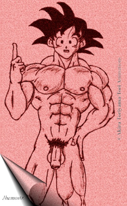 1boy 2006 abs balls biceps black_hair bodybuilder dragon_ball dragon_ball_z jhemos looking_at_viewer male male_nipples male_only monochrome mouth muscle muscles muscular muscular_male open_mouth pecs penis simple_background solo son_goku