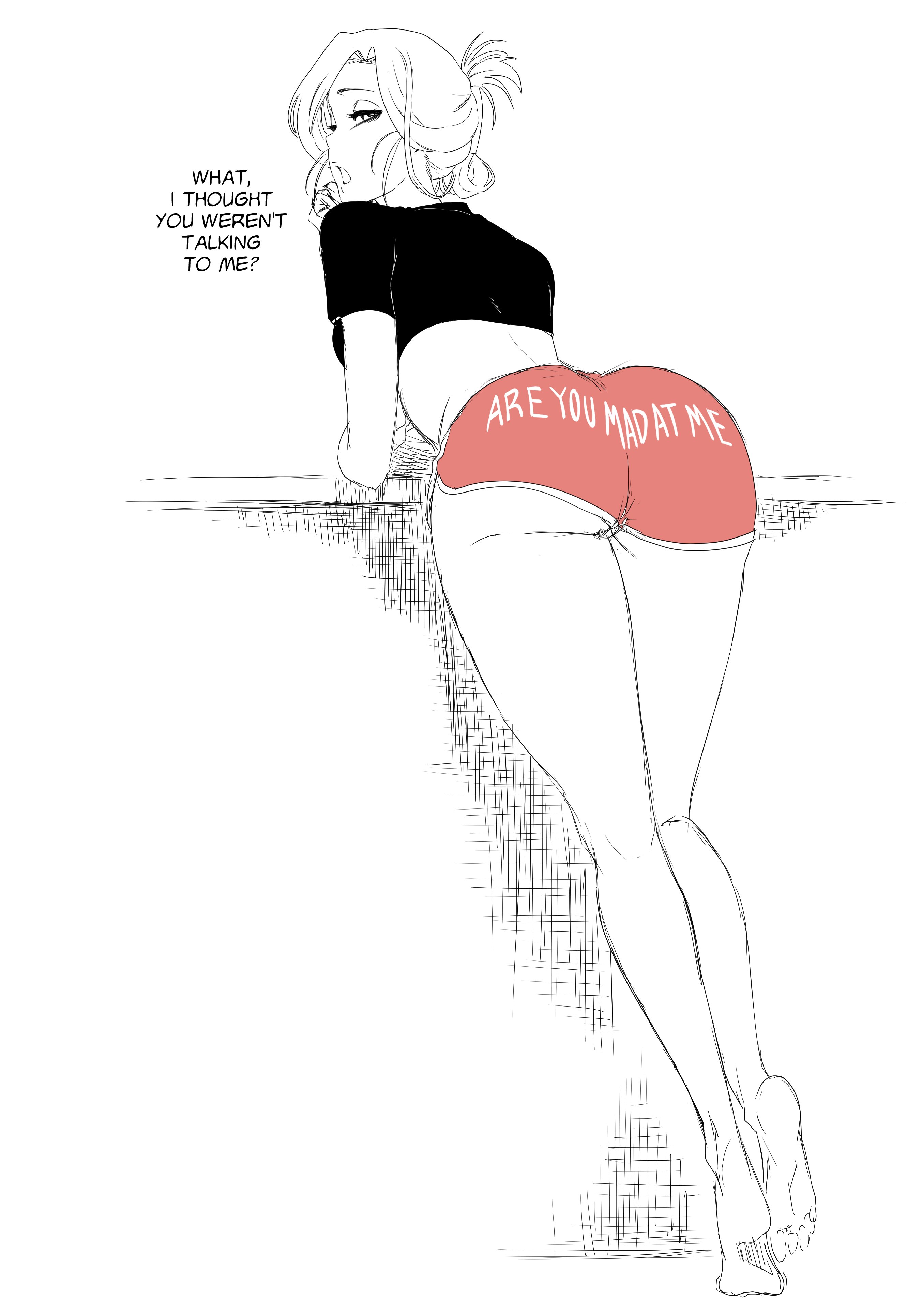 2d, arched back, artist request, back view, barefoot, bleach, chignon, feet, large ass, long legs, looking at viewer, looking back, oc, original character, shorts, sketch, smirking, smirking at viewer, talking to viewer, tanktop, teasing, teasing viewer, teasing with butt, thick thighs, tied hair, tite kubo style, writing on ass