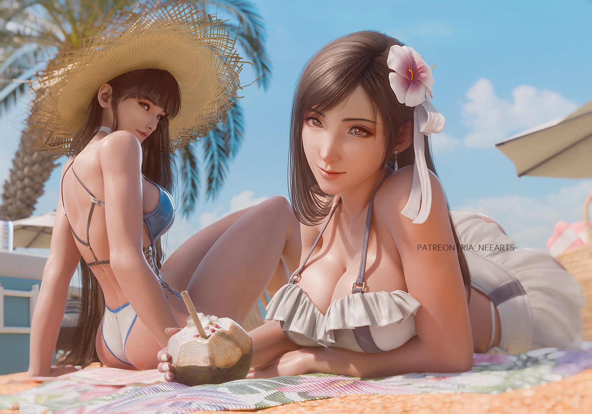 2girls, 3d, bangs, beach, beach umbrella, bikini, blue sky, breasts, brown eyes, brown hair, cleavage, cloud, day, drinking straw, eve (stellar blade), final fantasy, final fantasy vii, final fantasy vii remake, flower, frilled bikini, hair flower, hair ornament, hat, jewelry, large breasts, lips, long hair, looking at viewer, lying, multiple girls, on stomach, outdoors, parted lips, ria-neearts, shift up, sky, smile, square enix, stellar blade, straw hat, sun hat, swimsuit, tifa lockhart, tree, umbrella, white bikini