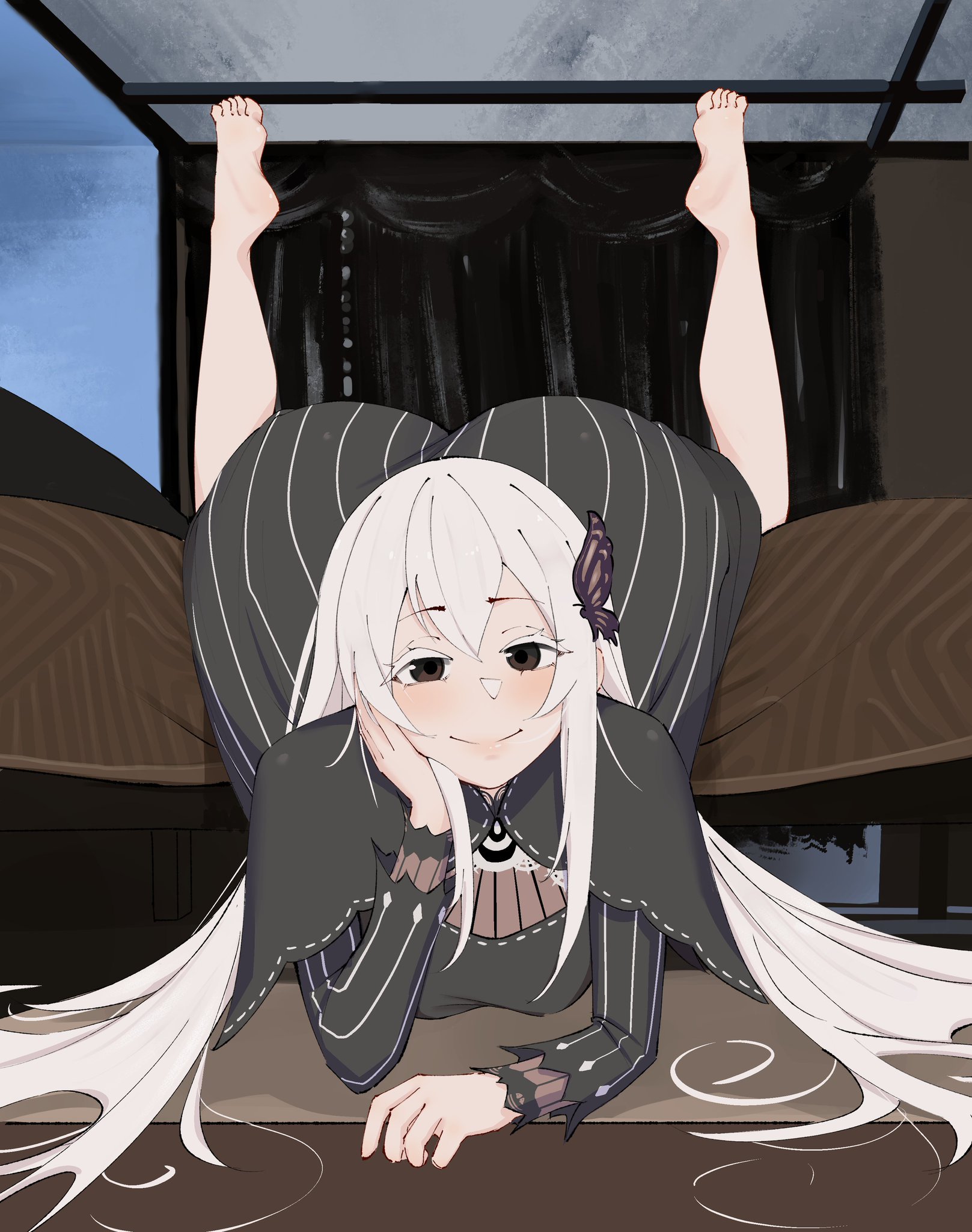 arched back, ass up, babywipes, barefoot, blushing, echidna, echidna (re:zero), feet, feet up, hair ornament, large ass, legs up, long hair, long skirt, looking at viewer, medium breasts, pale skin, pale-skinned female, re:zero kara hajimeru isekai seikatsu, smiling at viewer, smirking, smirking at viewer, sole female, soles, sorceress, teasing, teasing viewer, toes, white hair, witch